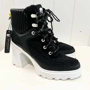 Sorel NWT Brex lace up heeled booties leather and faux shearling size 10 black